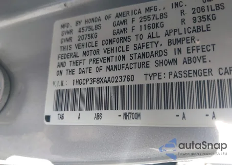 2010 Honda Accord 3.5 Ex-L из США, поврежденный, VIN 1HGCP3F8XAA023760